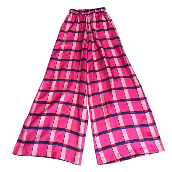 Paper London Size 6 Pink Silk Miami Check Wide Leg Pants Trousers Chic Pockets - Picture 2 of 8